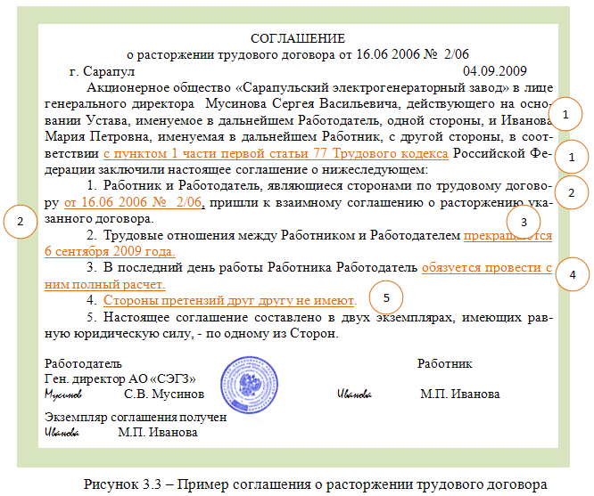 Соглашение о расторжении трудового договора по соглашению сторон образец