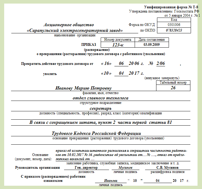 Приказ о сокращении численности и штата работников образец