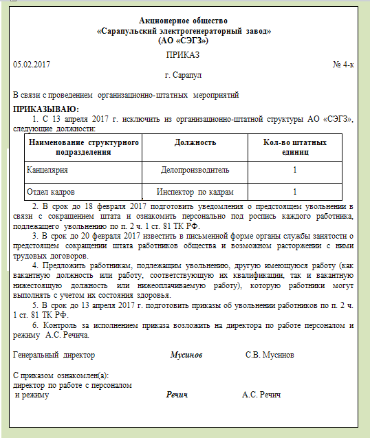 Приказ о сокращении численности и штата образец в связи с оптимизацией