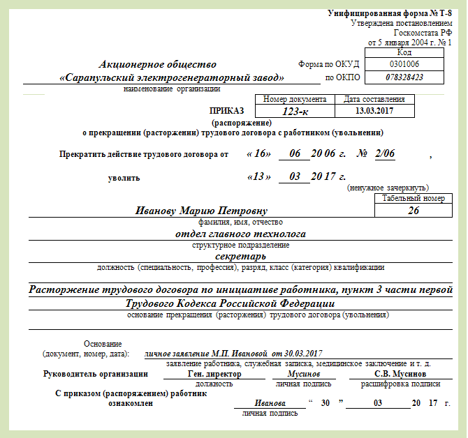 Увольнение по собственному желанию статья образец приказа